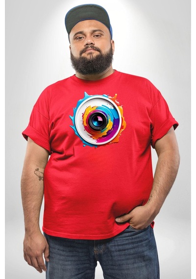 Angemiel Fotoğraf Makinesi Camera Lens Kırmızı Büyük Beden Erkek Kadın Unisex Basic Ön Baskılı Tişört Kırmızı