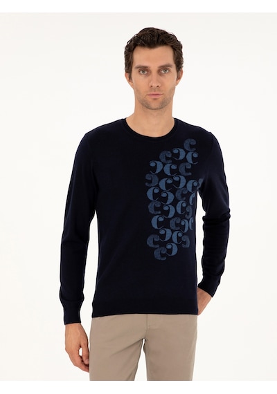 Cacharel Lacivert Slim Fit Bisiklet Yaka Yün Triko Kazak