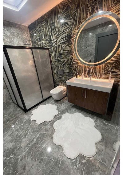 2'li Beyaz Banyo Halısı Peluş Post Halı Klozet Takımı 80x80 Ve 100x100 Beyaz