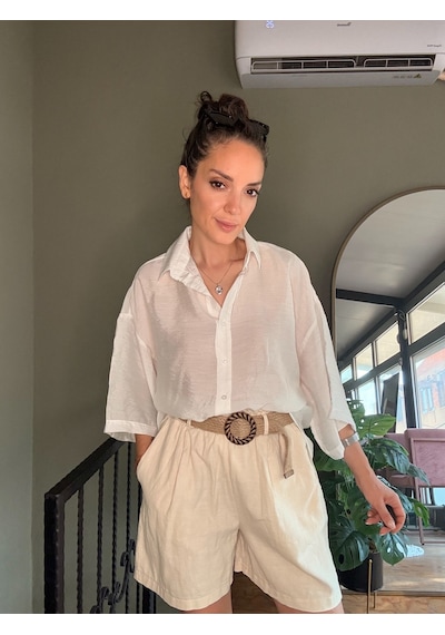 Ali Butik Beyaz Kısa Kollu Rahat Kalıp Dökümlü Gömlek