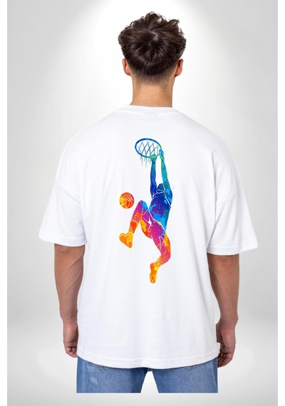 Smaç Basketbol Renkli Beyaz Oversize Unisex Ön Ve Sırt Baskılı Tişört Beyaz