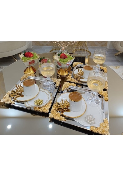 Atabey Home Collection 2 Adet Kahve & Çay & Sunum Tepsisi Metal Döküm Gül Model