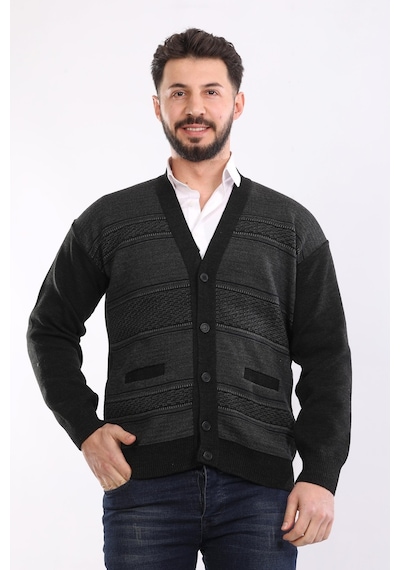Kzctekstil Erkek Baba Triko Örgü Çift Cepli Akrilik Klasik Fit Düğmeli Hırka Antrasit
