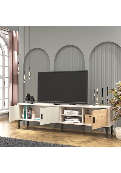 Marin Tv Ünitesi Tv Sehpası 180 Cm Çizgi Desenli , Raflı , Sis Gr Marin Tv Ünitesi Tv Sehpası 180 Cm Çizgi Desenli , Raflı , Sis Gr