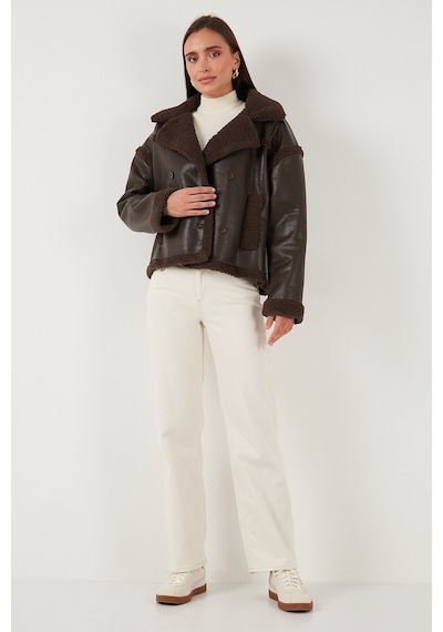 Lela Oversize Kruvaze Yaka Peluş Detaylı Suni Deri Biker Ceket Bayan Mont 6810247 Kahve