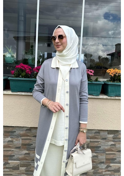 Rabia Şamlı İmge Çizgili Triko Hırka Gri Çok Renkli