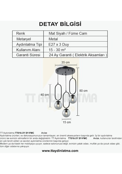Tt016-3Y Sy Tt Aydınlatma Mat Siyah Füme Camlı 3 Lü Yuvarlak Aviz