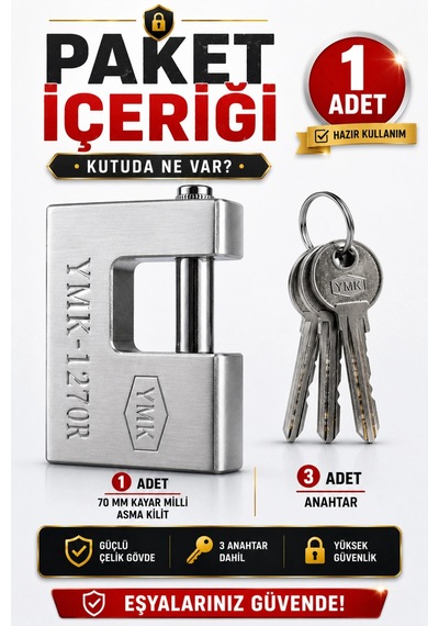 Ymk 70 Mm Kayar Milli Asma Kilit Çelik Gövdeli Güvenlik Kilidi 3 Anahtarlı Depo Garaj Bahçe Kapısı K