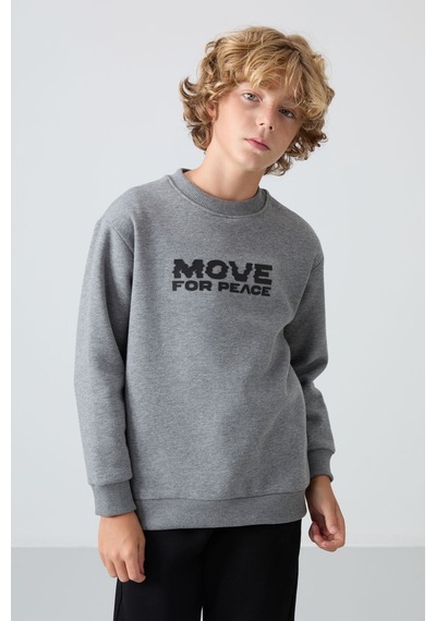 Tommylife Gri Melanj Pamuklu Kalın İçi Tüylü Standart Fit Baskılı Erkek Çocuk Sweatshirt - 11216