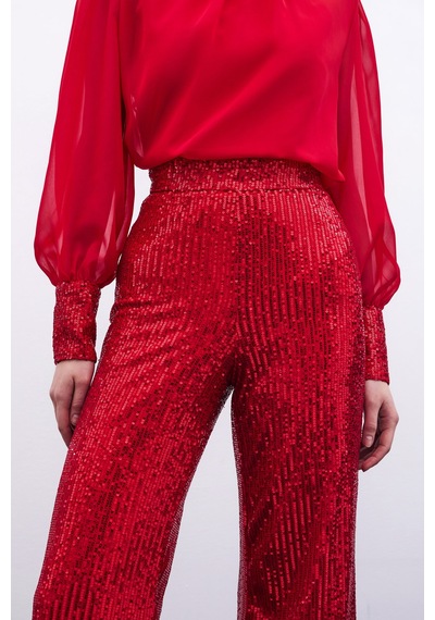 Sateen Payetli Salaş Pantolon - Kırmızı