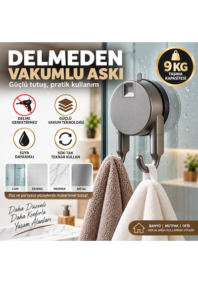 Vakumlu Havlu Bornoz Askısı 9 Kg Çift Kancalı Delmeden Montaj Banyo Mutfak Duvar Askısı Gri