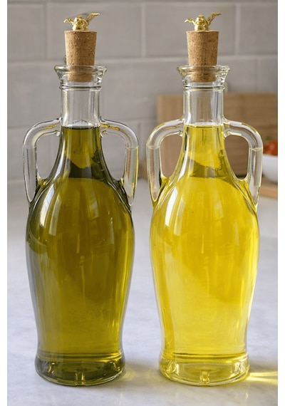 2'li Amfora Model Kuş Mantar Tıpalı Cam Yağ Şişesi - 750ml. Şeffaf Sirke Limon Suyu Şişesi - Kuş Figür Şeffaf