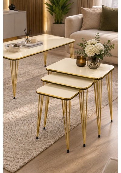 Sulorahome Krem Renkli Gold Tel Ayaklı 4'lü Sehpa Seti Bej - Altın