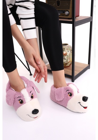 Wordex Hayvanlı H10 Köpekli Kışlık Kadın Erkek Çocuk Panduf Ev Içi Sessiz Taban Panduf Lila
