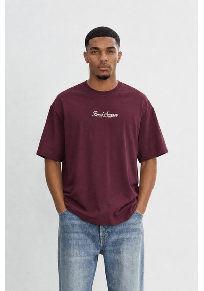 Respire Erkek Final Supper Nakışlı Oversize T-shirt Bordo