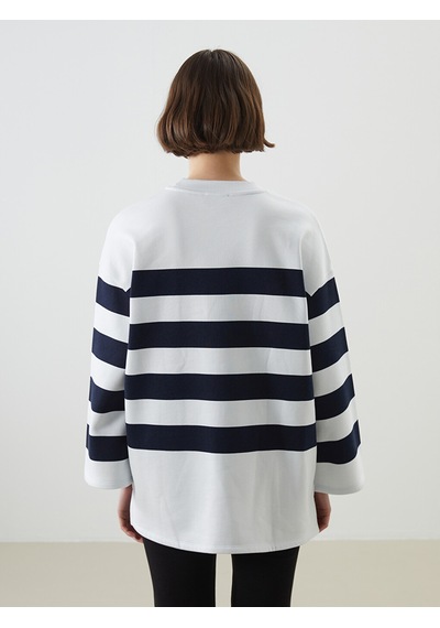 Lcwaıkıkı Classic Lacivert Bisiklet Yaka Çizgili Oversize Kadın Sweatshirt Tunik