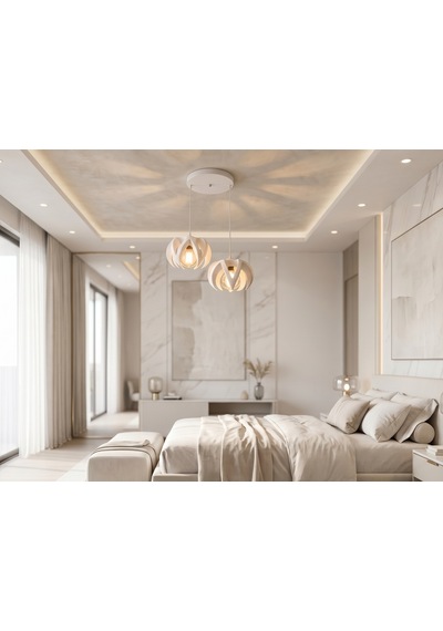 2 Li Beyaz Modern Taç Sarkıt - E27 Duy Uyumlu Dekoratif Tavan Lambası - Ayarlanabilir Boy Antre Avizesi