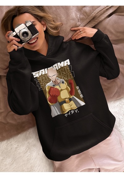 Sevbano Saitama One Punch Man Baskılı Unisex Oversize Anime Karakter Hood Siyah