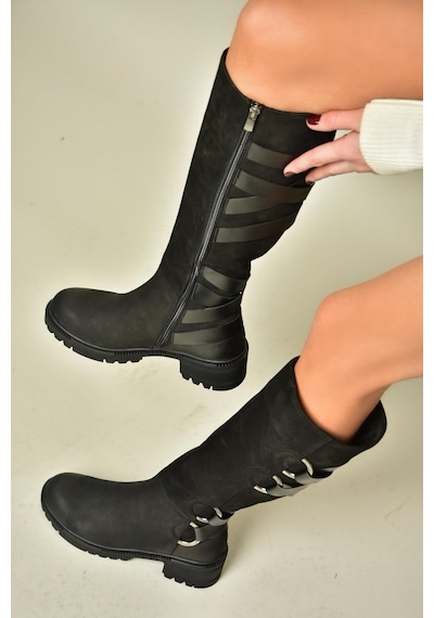 Fox Shoes T654047201 Siyah Hakiki Deri Nubuk Kadın Çizme Siyah-nubuk Siyah