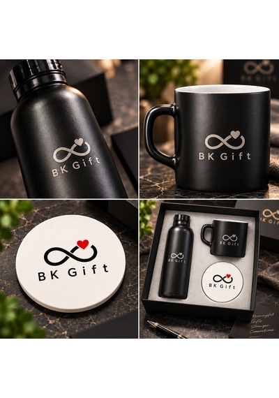 Logonuza Özel 10 Adet 3'lü Siyah Cam Suluk & Seramik Kupa & Mdf Bardak Altlığı - Kurumsal Promosyon Seti