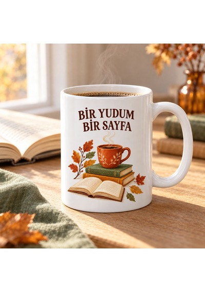 Bir Yudum Bir Sayfa Kitap Ve Kahve Temalı Porselen Kupa - Sonbahar Tasarımı - Model 257 Diğer