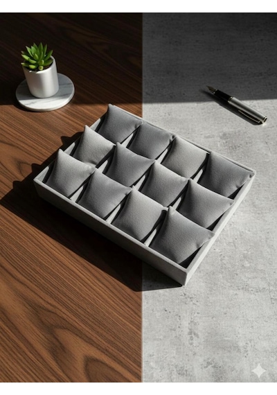 12 Bölmeli Ahşap Üzeri Baby Face Kumaş Saat Ve Takı Standı - Organizeri Ebat 35x24x5 Cm Gri
