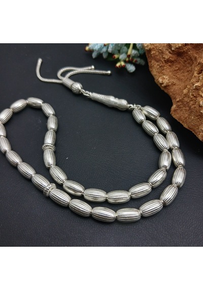 925 Ayar Gümüş Tesbih Arpa Kesim Çizgili Model Orta Boy