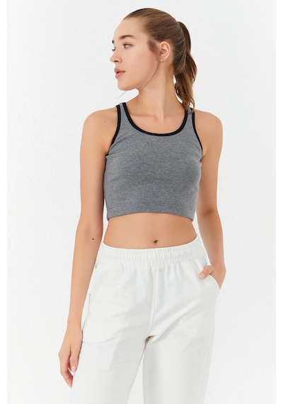 Tommy Life Gri Melanj Basic Sıfır Kol Dar Kalıp U Yaka Kadın Crop Top Atlet - 97162 Gri Melanj