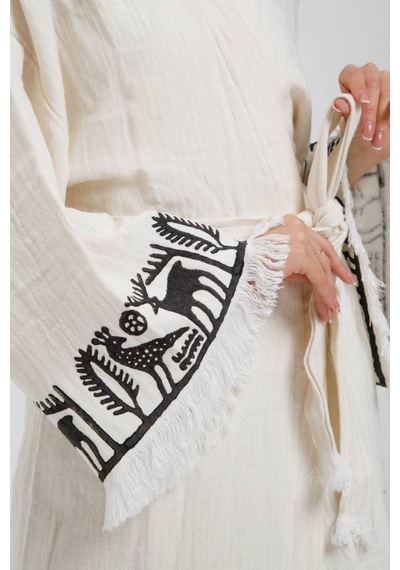 Befera Hitit Müslin Kimono Pamuklu Lotus Baskılı Desenli Bornoz Kaftan Sabahlık Ekru