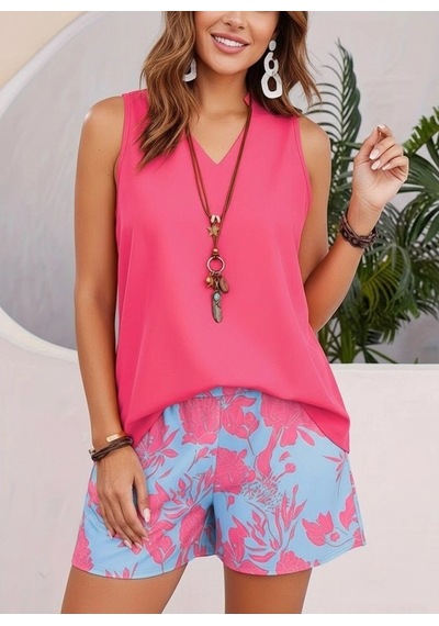 Defymoda Kadın Askılı V Yakalı Sandy Bluz Ve Desenli Short Ikili Takım Pembe