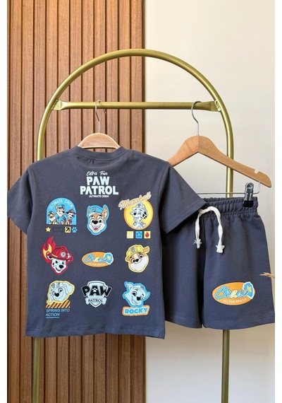Erkek Çocuk Pamuklu Baskılı Tshirt Ve Şort Alt Üst Takım Antrasit