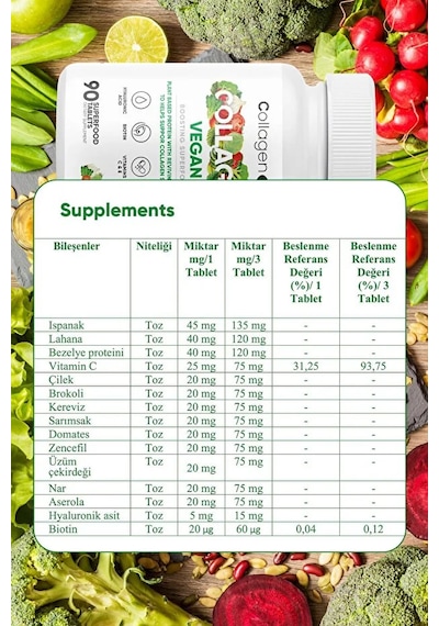 Collagen Life Biotin, Hyaluronic Acid, C Vitaminive Bitki Bazlı Vegan Kolajen Desteği 90 Tablet