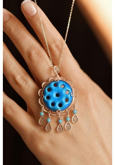 Roza Silver Firuze Taşlı Rose Dokuz Göz Süryani Nazarlığı Telkari Gümüş Kolye