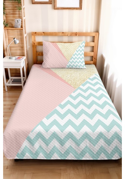 Pastel Geometrik Pembe Genç Kız Odası Tek Kişilik Pike Takımı - Zigzag Mint 160x220 Cm Yatak Örtüsü Gri