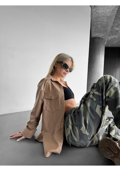 Kadın Bej Oversize Düz Kesim Deri Ceket Bej