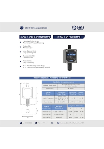 Ems Kontrol - Sıcaklık Nem Transmitteri 0-10 V / (-20) - (+80) °C