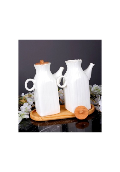 2'li Ahşap Standlı Kare Porselen 1000ml Yağlık&sirkelik 3'lu Yağdanlık Set Beyaz Beyaz