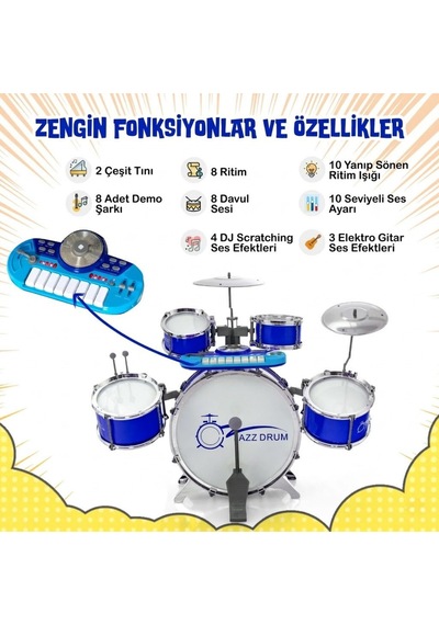 Mikrofonlu Işıklı Sesli Bateri Seti - Piyanolu Tabureli & Bagetli Eğitici Çocuk Bateri Takımı - Mavi