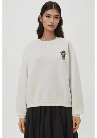 Hiccup İşlemeli Pamuklu Sweatshirt Tozlu Beyaz