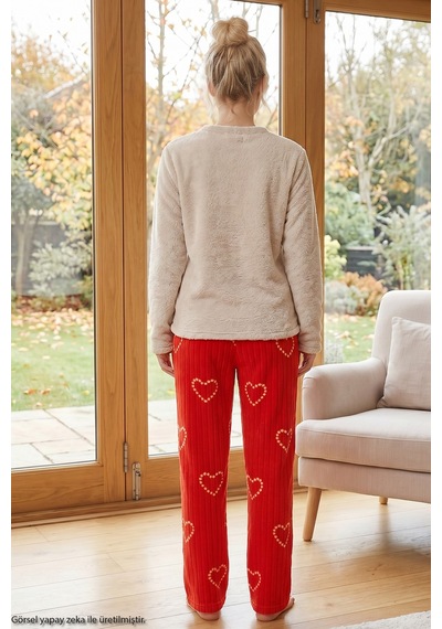 Siyah İnci Krem Nakışlı Üst Wellsoft Alt Polar Kışlık Örme Pijama Takım 26221708