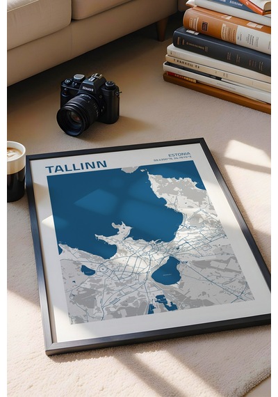 Tallinn Estonya Haritası Çerçeveli Tablo Lüks Salon Ofis Duvar Dekorasyonu Hediyelik Tablo Siyah