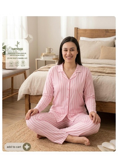Oreiro Kadın Pembe Çizgili Bambu Pijama Takımı - Düğmeli Gömlek Yaka Uzun Kollu Ev Giyimi Seti Beyaz - Pembe Oreiro Kadın Pembe Çizgili Bambu Pijama Takımı - Düğmeli Gömlek Yaka Uzun Kollu Ev Giyimi Seti Beyaz - Pembe