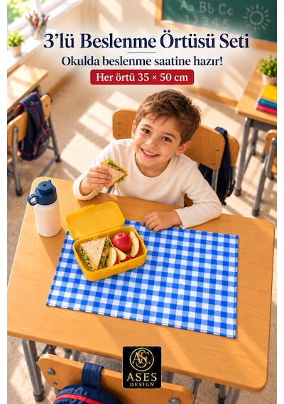 3 Lü Set Yıkanabilir Beslenme Örtüsü 35x50 Cm Mavi Beyaz Kareli - Anaokulu Ve İlkokul