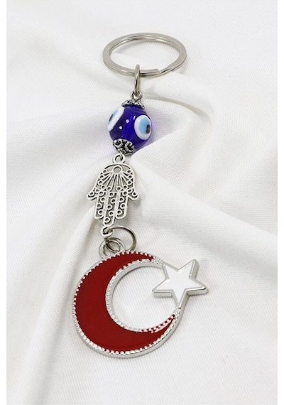 El Yapımı Cam Nazar Boncuklu Hamse Ay Yıldız Anahtarlık, Hediyeli
