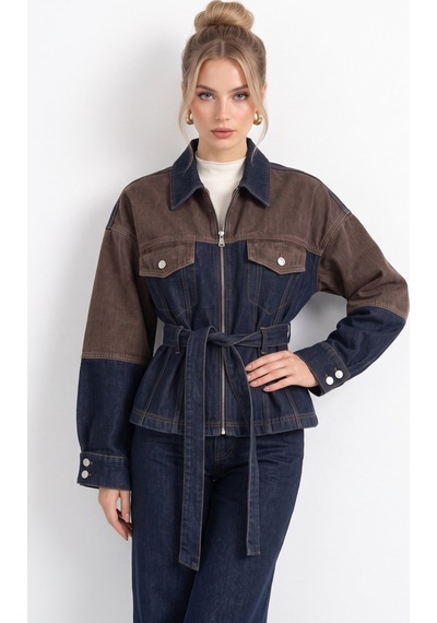 Saade Lacivert Belden Bağlamalı İki Renkli Denim Ceket Ve Pantolontakım