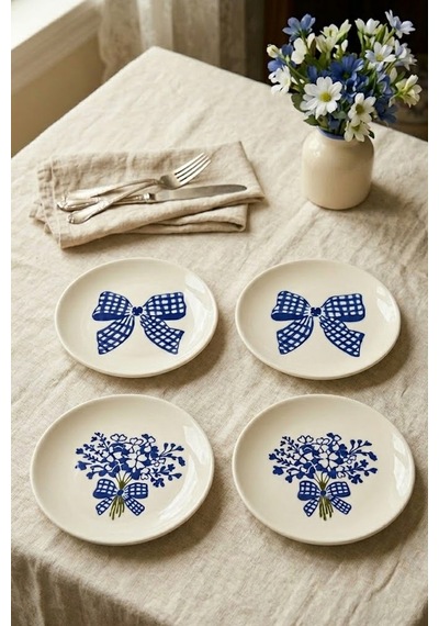 Blue Gift 4 Lü Çiçek Desenli Seramik Tatlı Tabağı 16 Cm Pasta Kahvaltı Sunum Tabak Seti Beyaz