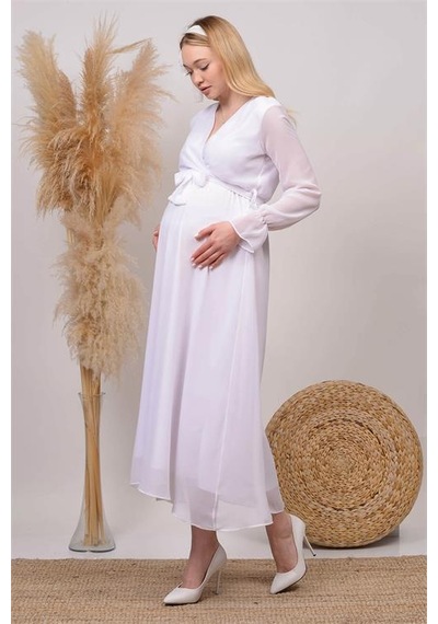 Dip Moda Kadın Beyaz Baby Shower Şifon Hamile Elbise Dphml003 BEYAZ