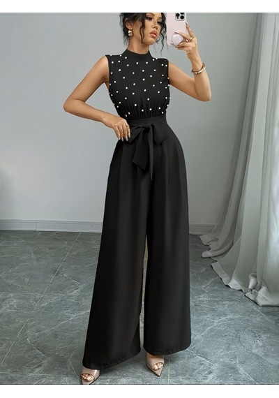 Efnaz Style Kadın Balıkçı Yaka Kolsuz Incili Beli Kuşaklı Uzun Janjan Tulum Siyah