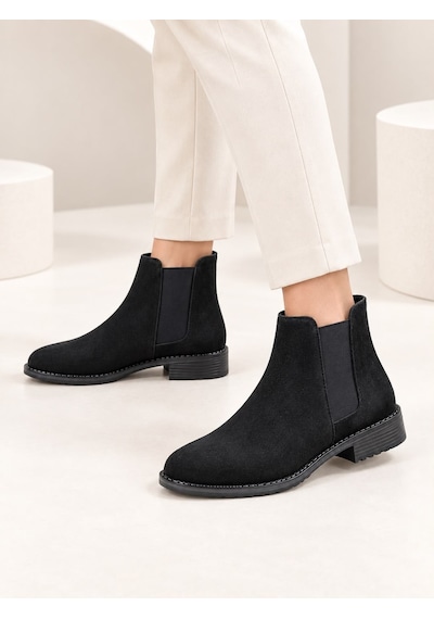Dabab Shoes Maral Kadın Siyah Süet Yuvarlak Burun Lastik Detaylı 3 Cm Topuklu Kaymaz Taban Chelsea Bot Bootie