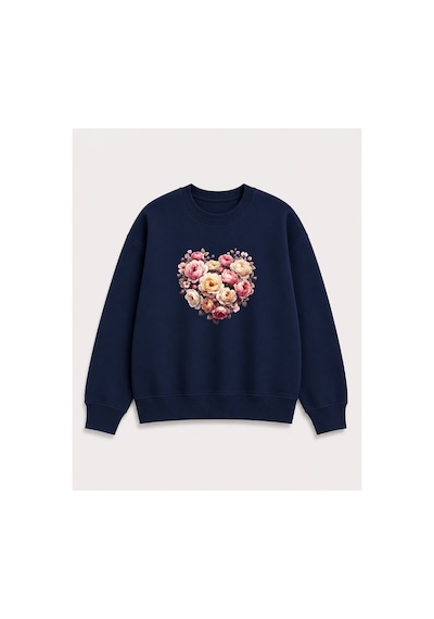 Herkesemoda Kalp Ve Güller Baskı Detaylı Bisiklet Yaka Şardonlu 2 İplik Sweatshirt Lacivert